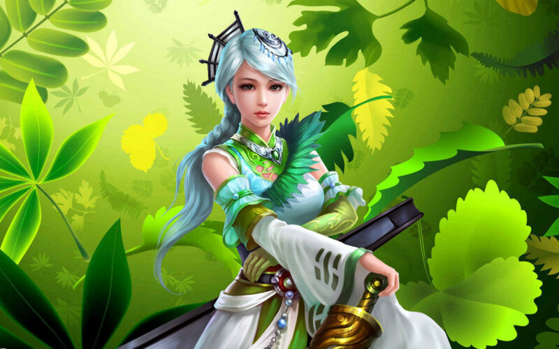 Female Warrior with Sword — Green, Serene, Digital Art