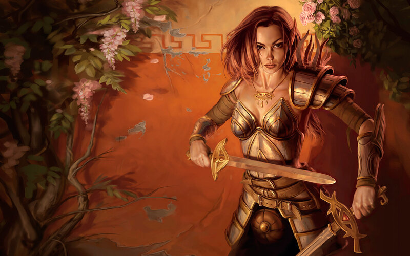 Female Warrior with Sword — Orange, Dramatic, Digital Art, Armor, Flowers, Brown, Gold