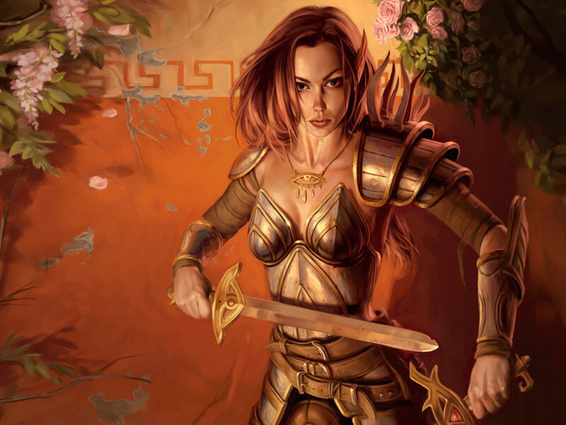 Female Warrior with Sword — Orange, Dramatic, Digital Art, Armor, Flowers