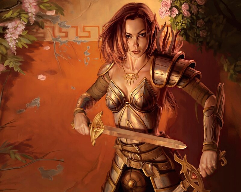 Female Warrior with Sword — Orange, Dramatic, Digital Art, Armor, Roses
