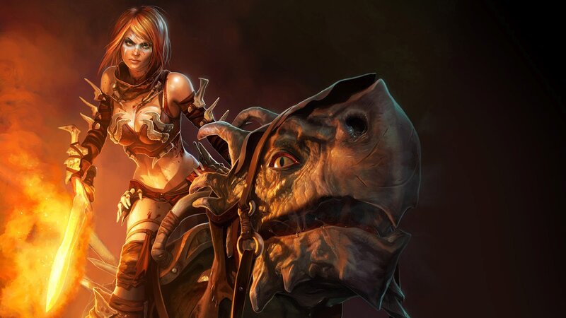 Female Warrior with Sword — Orange, Dramatic, Digital Art, Dragon