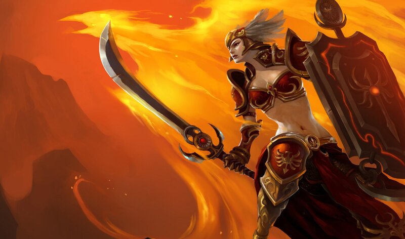 Female Warrior with Sword — Orange, Dramatic, Digital Art, Shield, Flames, Red, Gold