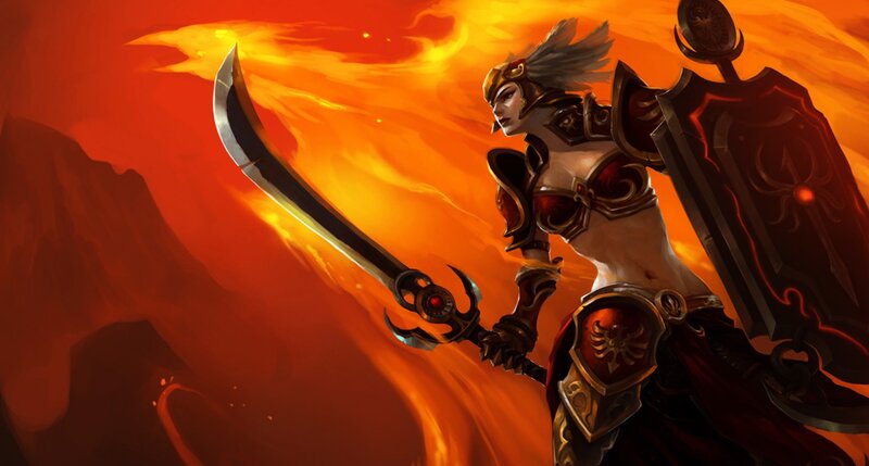 Female Warrior with Sword — Orange, Dramatic, Digital Art, Shield, Flames, Red