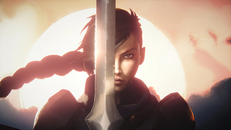 Female Warrior with Sword — Orange, Dramatic, Sunset, Digital Art