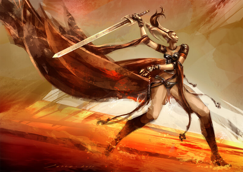 Female Warrior with Sword — Orange, Dramatic, Sunset