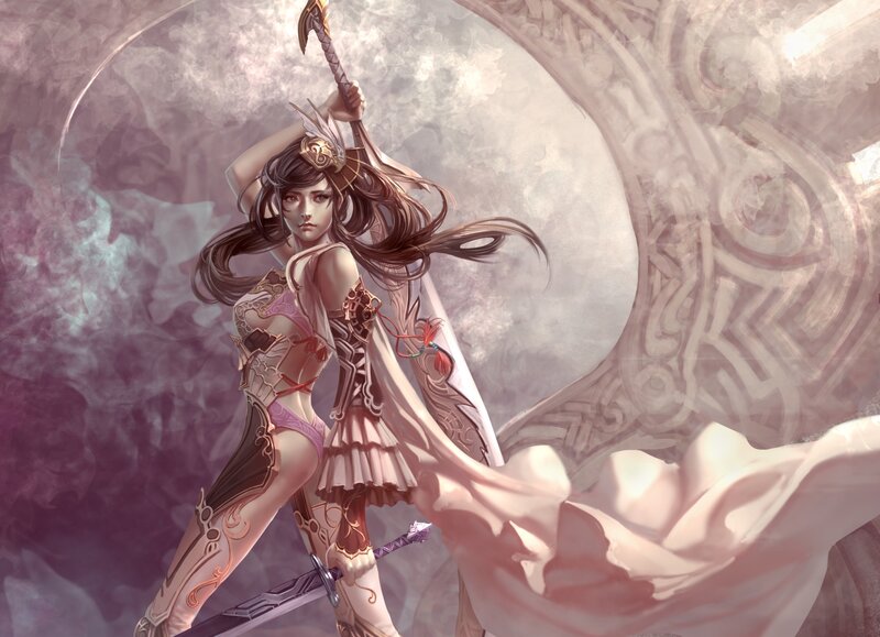 Female Warrior with Sword — Pink, Dramatic, Digital Art, Armor, Drapery
