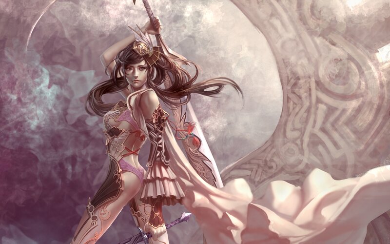 Female Warrior with Sword — Pink, Dramatic, Digital Art, Cloak