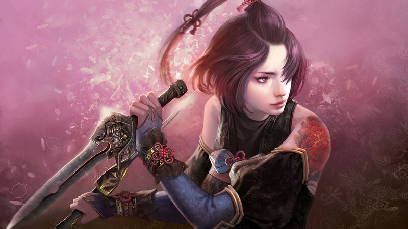 Female Warrior with Sword — Pink, Dramatic, Digital Art, Tattoo