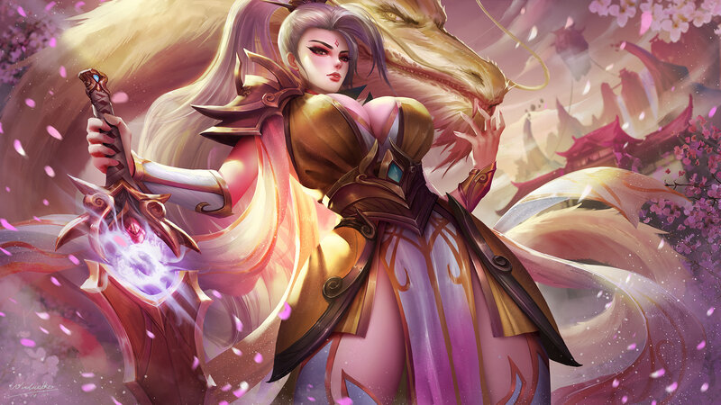 Female Warrior with Sword — Pink, Dramatic, Spring, Digital Art, Dragon