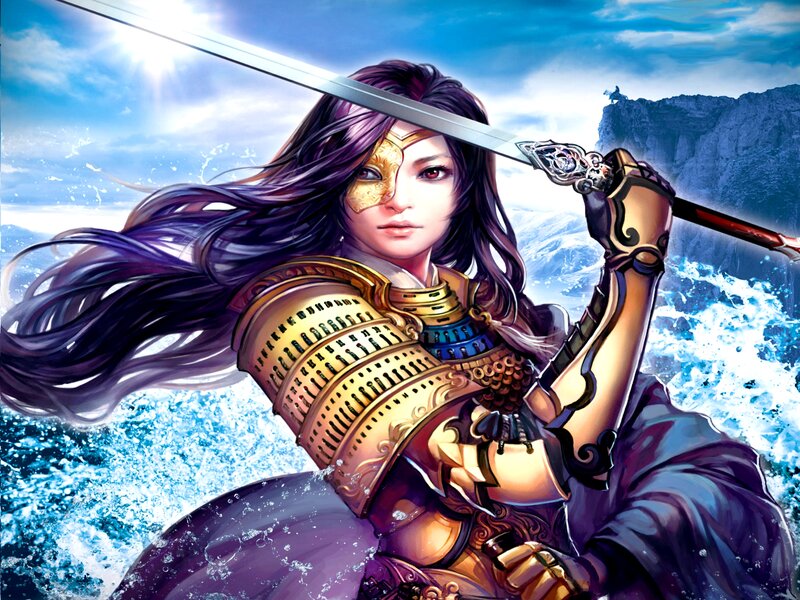 Female Warrior with Sword — Purple, Dramatic, Afternoon, Digital Art, Armor, Cliffs