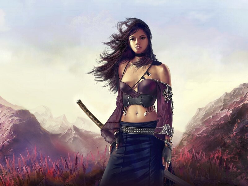 Female Warrior with Sword — Purple, Dramatic, Afternoon, Digital Art