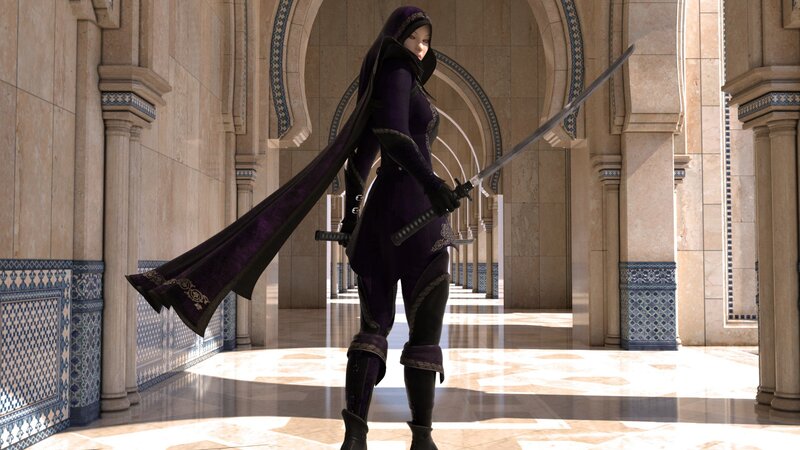 Female Warrior with Sword — Purple, Dramatic, Afternoon