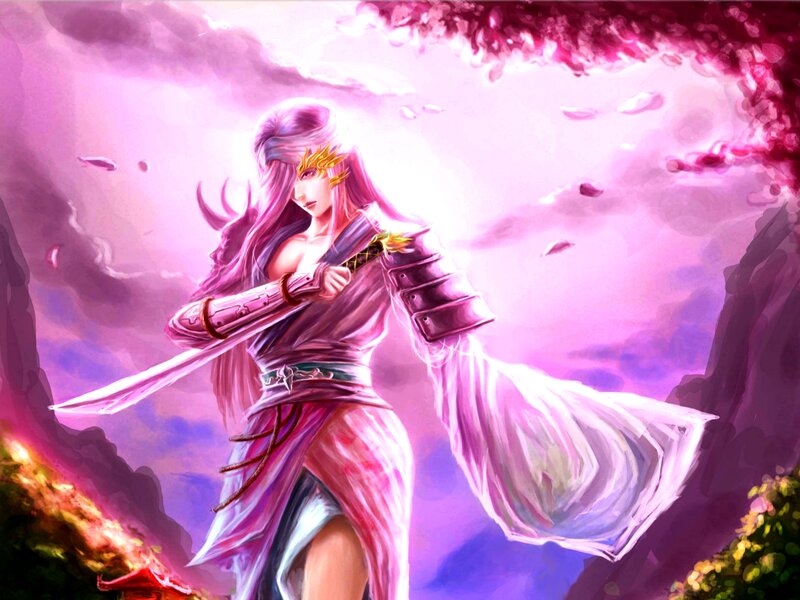 Female Warrior with Sword — Purple, Dramatic, Digital Art, Armor, Clouds