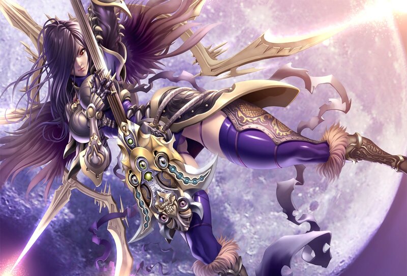 Female Warrior with Sword — Purple, Dramatic, Digital Art, Armor, Long Hair