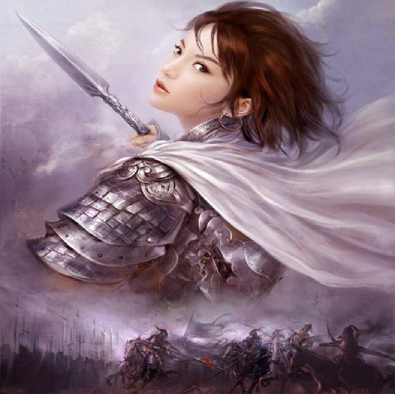 Female Warrior with Sword — Purple, Dramatic, Digital Art, Armor