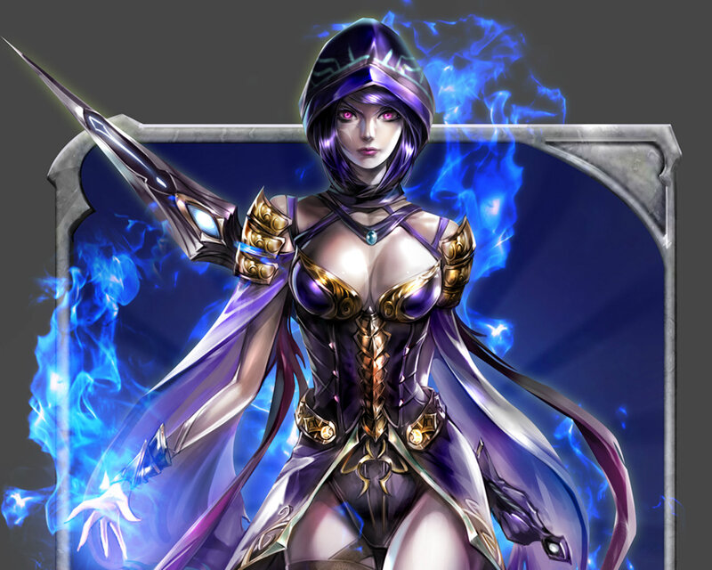 Female Warrior with Sword — Purple, Dramatic, Digital Art, Blue Fire