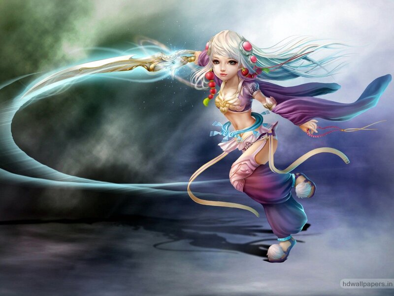 Female Warrior with Sword — Purple, Dramatic, Digital Art, Cape, Beads