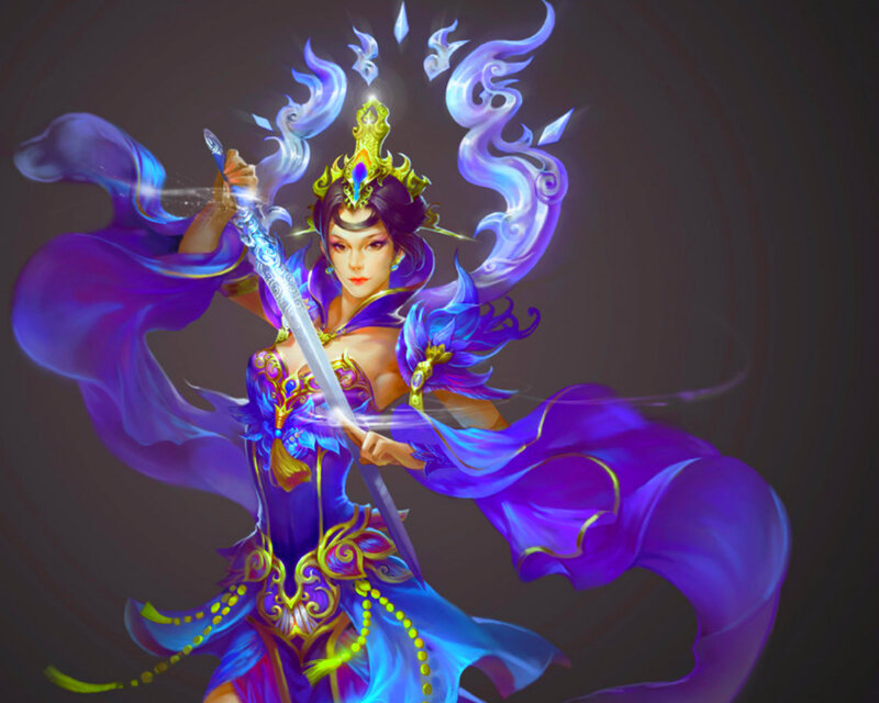 Female Warrior with Sword — Purple, Dramatic, Digital Art, Cape, Crown