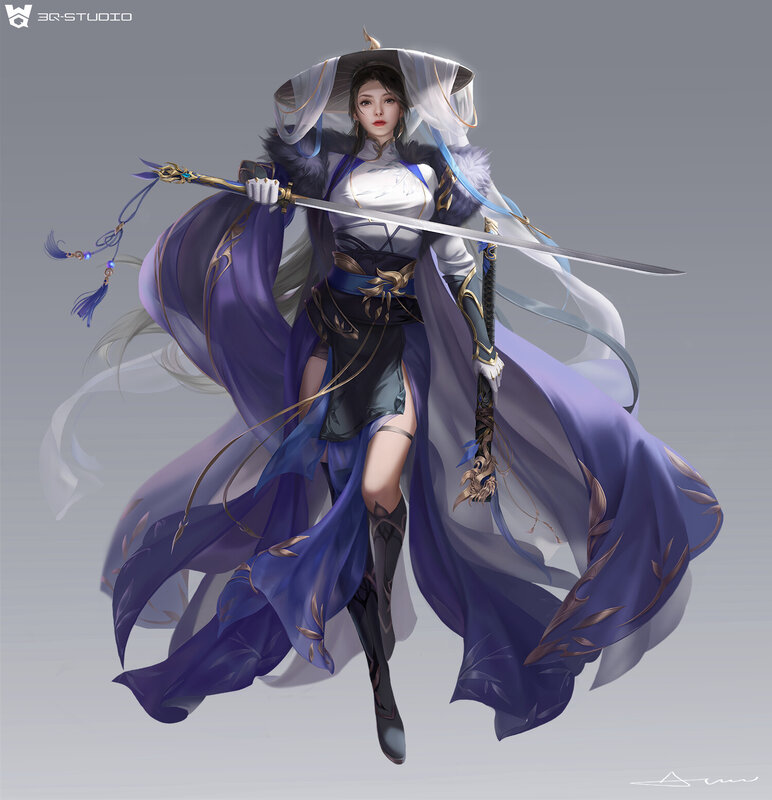 Female Warrior with Sword — Purple, Dramatic, Digital Art, Cloak, Hat