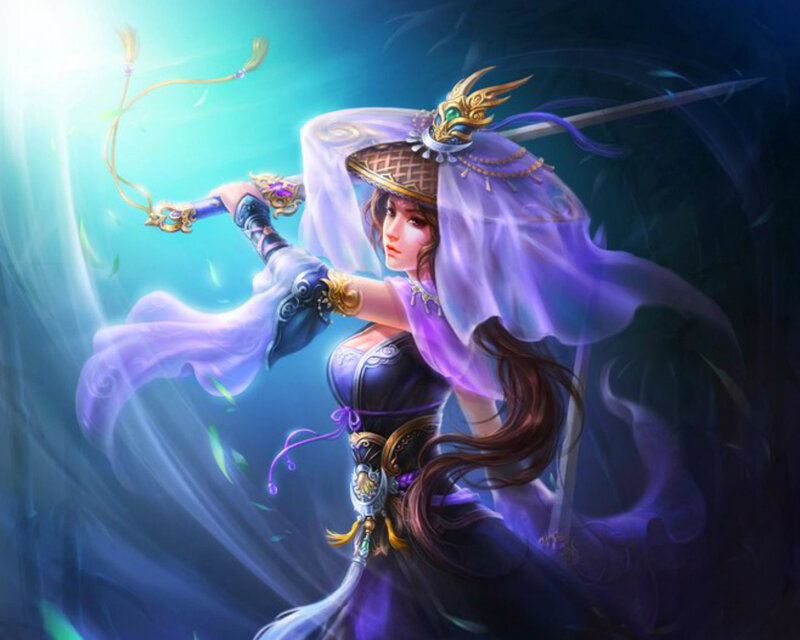 Female Warrior with Sword — Purple, Dramatic, Digital Art, Cloak