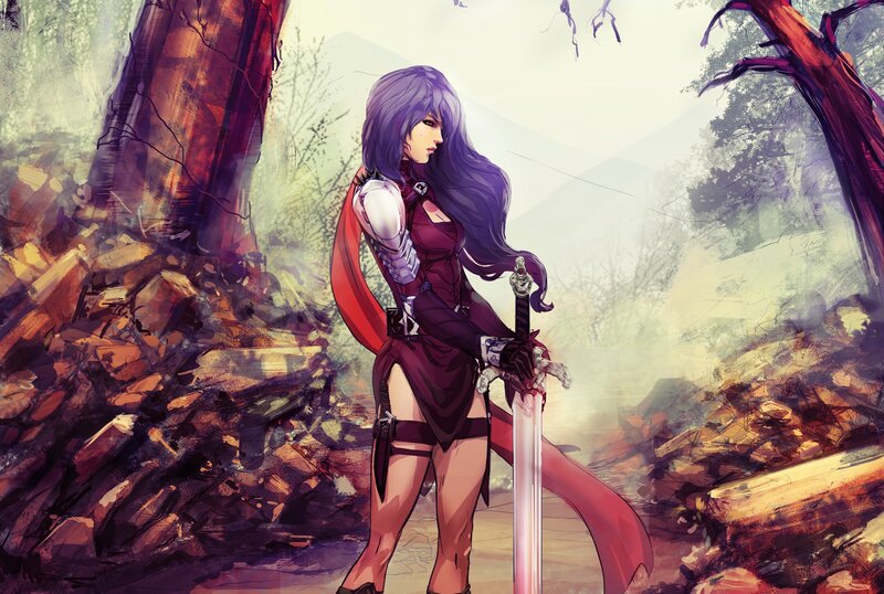 Female Warrior with Sword — Purple, Dramatic, Digital Art, Forest
