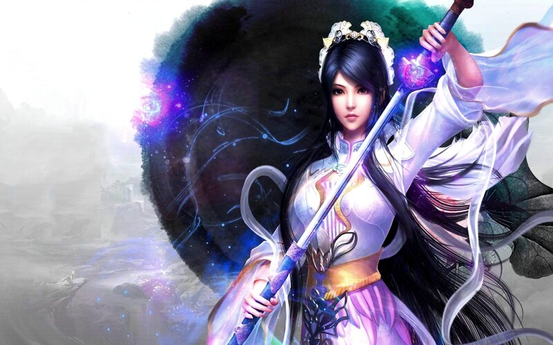 Female Warrior with Sword — Purple, Dramatic, Digital Art, Long Hair, Flowing Robe