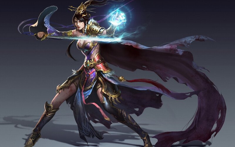Female Warrior with Sword — Purple, Dramatic, Digital Art, Magic, Cape