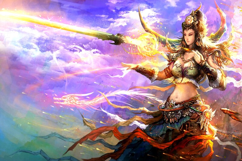 Female Warrior with Sword — Purple, Dramatic, Digital Art, Magic, Dragon