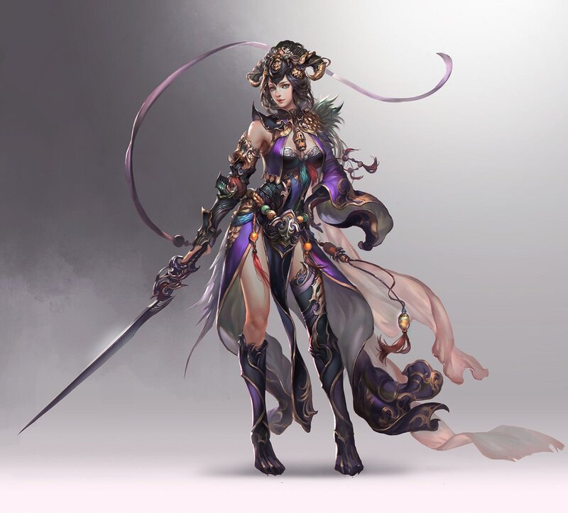 Female Warrior with Sword — Purple, Dramatic, Digital Art, Ribbon