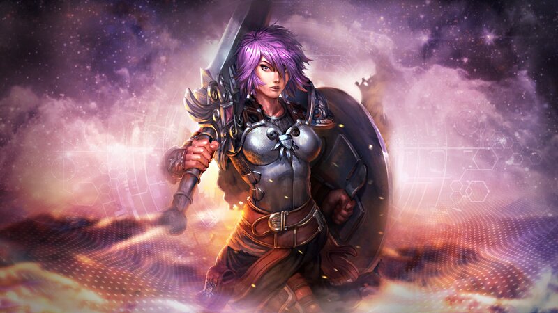 Female Warrior with Sword — Purple, Dramatic, Digital Art, Shield, Armor
