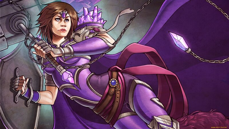 Female Warrior with Sword — Purple, Dramatic, Digital Art, Shield, Crystal