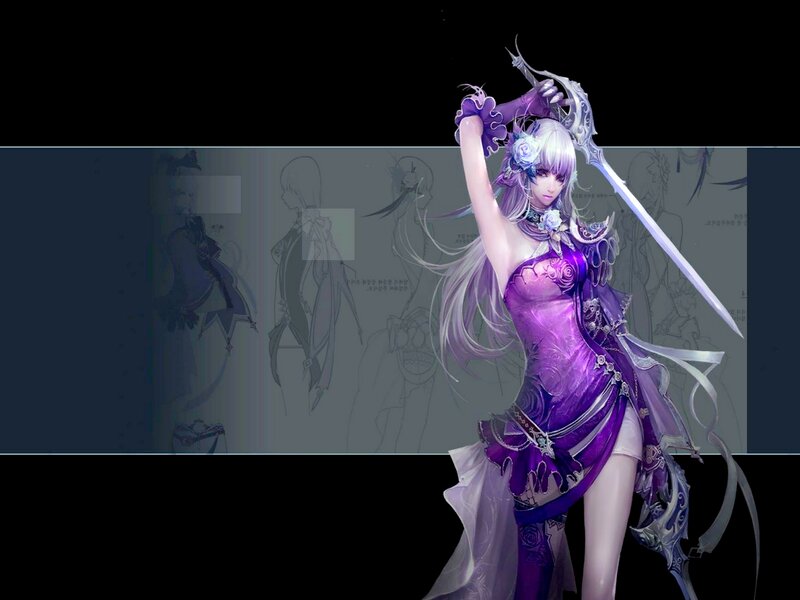 Female Warrior with Sword — Purple, Dramatic, Digital Art, Sketches, Long Hair