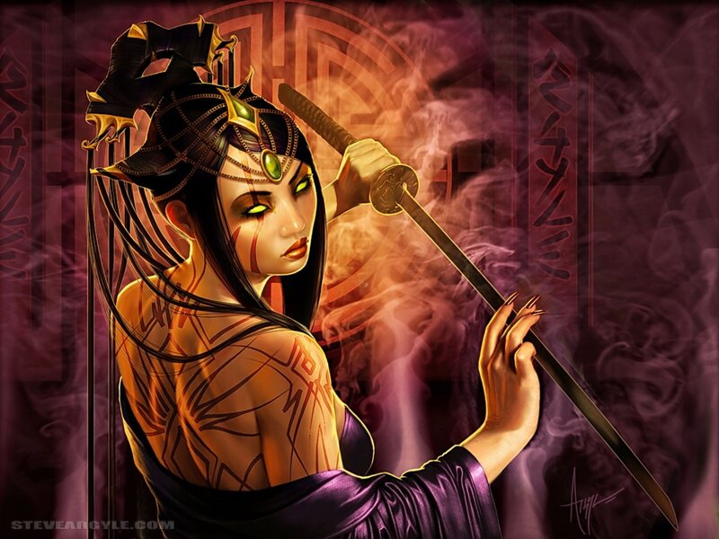 Female Warrior with Sword — Purple, Dramatic, Digital Art, Tattoos, Smoke, Black, Orange