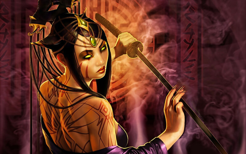 Female Warrior with Sword — Purple, Dramatic, Digital Art, Tattoos, Smoke