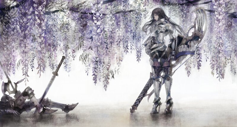 Female Warrior with Sword — Purple, Dramatic, Digital Art, Wisteria Flowers