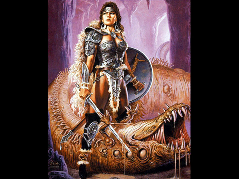 Female Warrior with Sword — Purple, Dramatic, Illustration