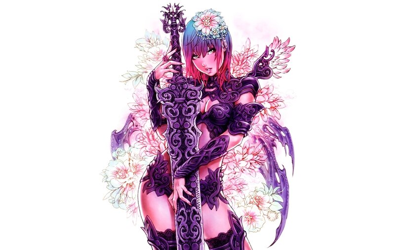 Female Warrior with Sword — Purple, Dramatic, Manga, Flowers, Wings, Pink, White