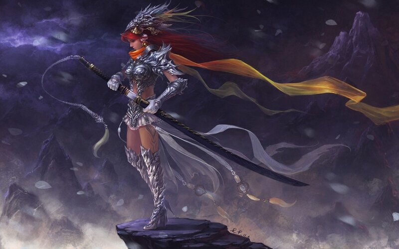 Female Warrior with Sword — Purple, Dramatic, Night, Digital Art, Armor, Mountain
