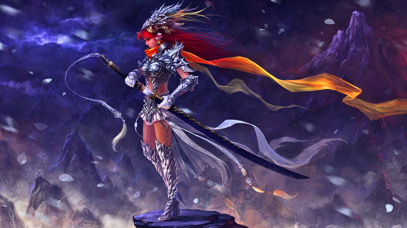 Female Warrior with Sword — Purple, Dramatic, Night, Digital Art, Armor, Mountains