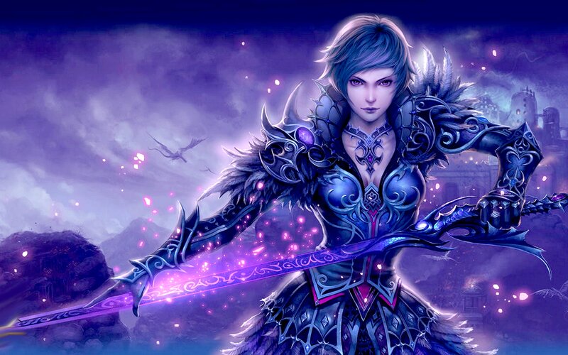Female Warrior with Sword — Purple, Dramatic, Night, Digital Art, Armor