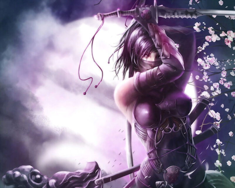 Female Warrior with Sword — Purple, Dramatic, Night, Digital Art, Cherry Blossoms