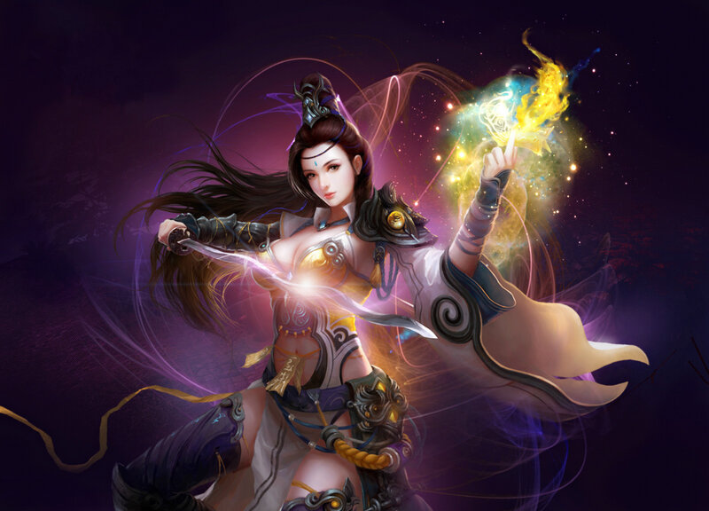 Female Warrior with Sword — Purple, Dramatic, Night, Digital Art, Magic
