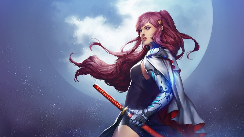 Female Warrior with Sword — Purple, Dramatic, Night, Digital Art, Moon, Cape