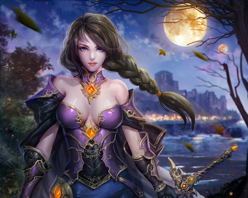 Female Warrior with Sword — Purple, Dramatic, Night, Digital Art, Moon, City Skyline
