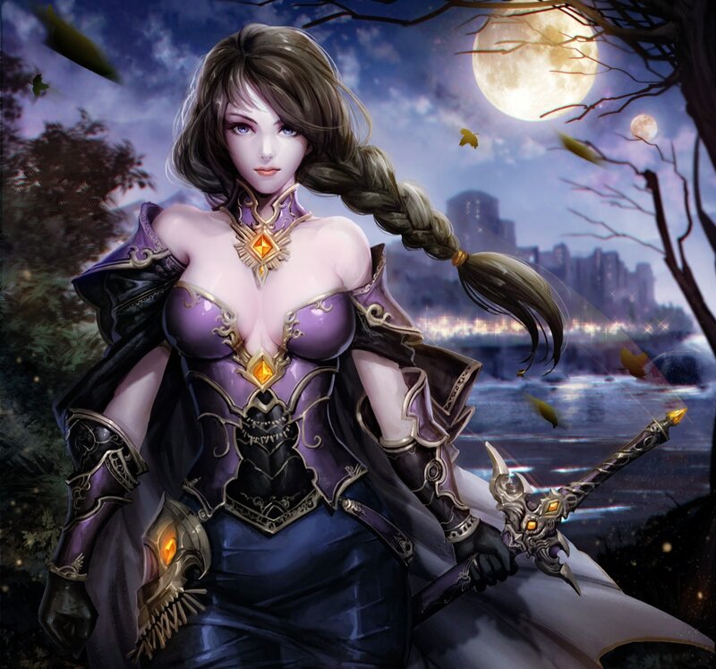 Female Warrior with Sword — Purple, Dramatic, Night, Digital Art, Moon, Cityscape