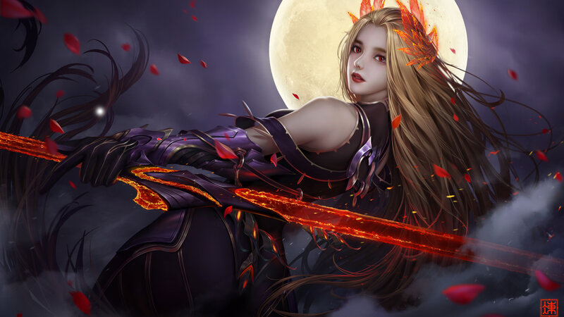 Female Warrior with Sword — Purple, Dramatic, Night, Digital Art, Moon, Fire