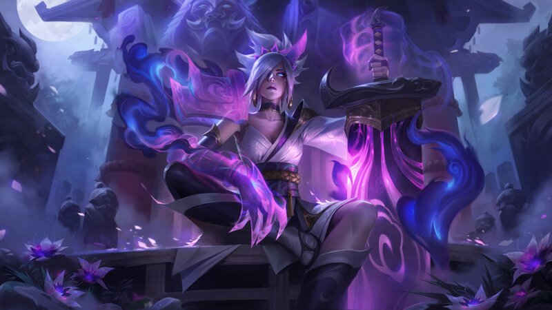 Female Warrior with Sword — Purple, Dramatic, Night, Digital Art, Purple Energy, Moon