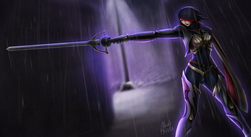 Female Warrior with Sword — Purple, Dramatic, Night, Digital Art, Rain