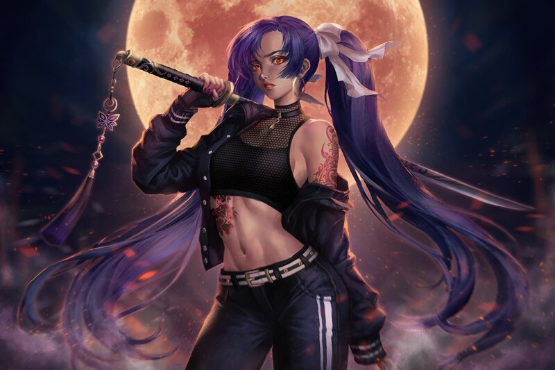 Female Warrior with Sword — Purple, Dramatic, Night, Digital Art, Tattoos