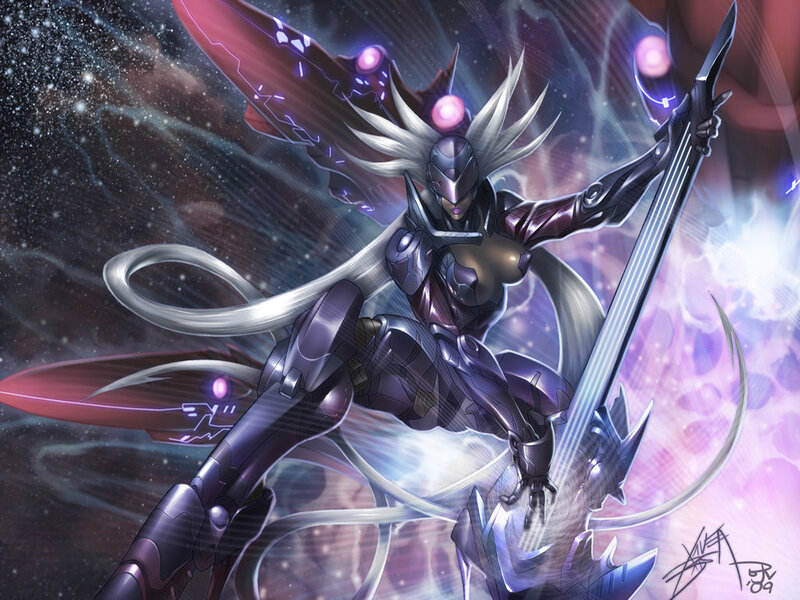 Female Warrior with Sword — Purple, Dramatic, Night, Digital Art, Wings